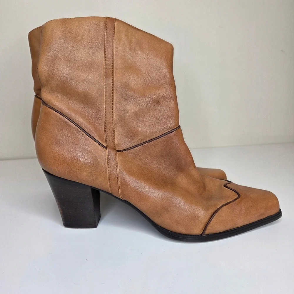 Coldwater Creek Tan Leather Square Toe Ankle Boots‎ Western Piping 10M